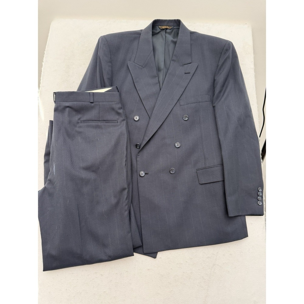 VTG 80s Suit Mens 46R Pants 38x31 Blue Wool Pinstripe Double Breasted Lacrosse